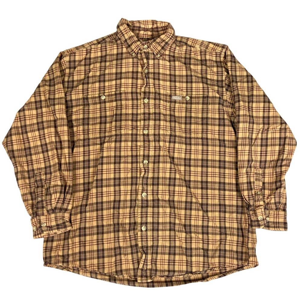 Carhartt Mens Plaid Button Down Shirt Brown Tan Long Sleeve Cotton S137DKH Large